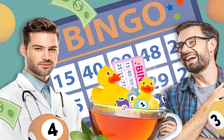 A man smiles in front of a background of a bingo card, with bingo slang imagery around him.